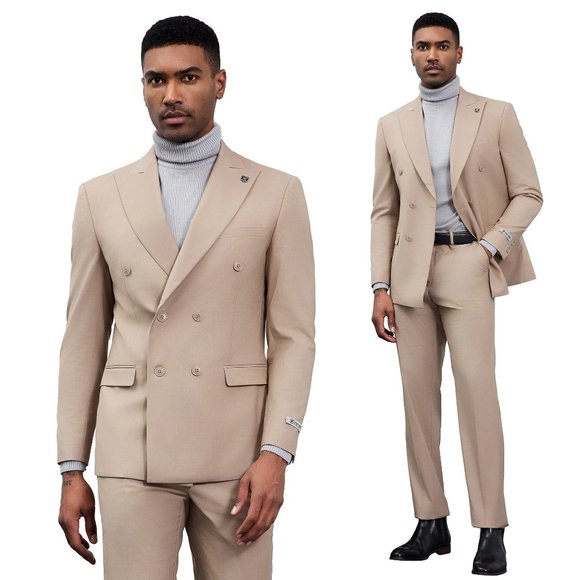 Stacy Adams Double-Breasted Peak Lapel Men's Suit, Tan - Picture 1 of 4